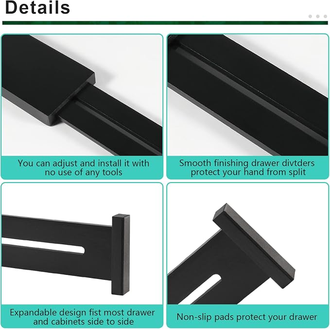 4 Pack Bamboo Drawer Dividers Organizer with Inserts 2.6'' High | Expandable from 12.5-21.7", Adjustable Drawer Organizer Separators for Utensils, Clothing, Office, Dresser, Bedroom, (Black)