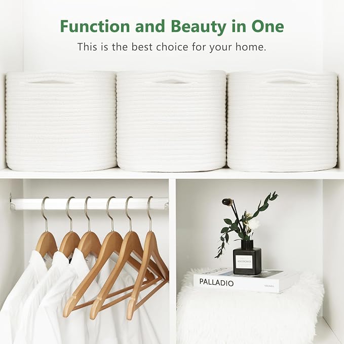 ECDYQXVU 15x10x9 Inch Woven Cotton Rope Storage Basket, 2 Pack | Foldable Design, Built-in Handles, Space-saving Organizer for Living Room, Bedroom, Laundry, Shelves, Clothes, Towels