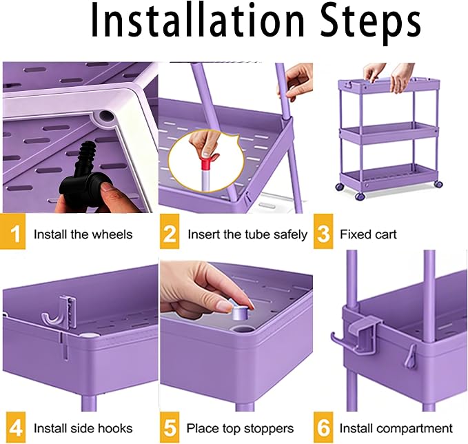 Slim Storage Cart 3 Tier,Bathroom Organizer Rolling Utility,Mobile Shelving Unit Slide Out for Office, Kitchen, Laundry Room & Narrow Places,Purple