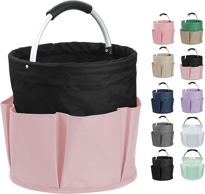 17L Cleaning Supply Caddy for Family, Portable Shower Caddy with Handle and 6 Pockets, Foldable Tool Bucket Organizer, Large Storage Basket for Camping, Gardening, Black with Pink