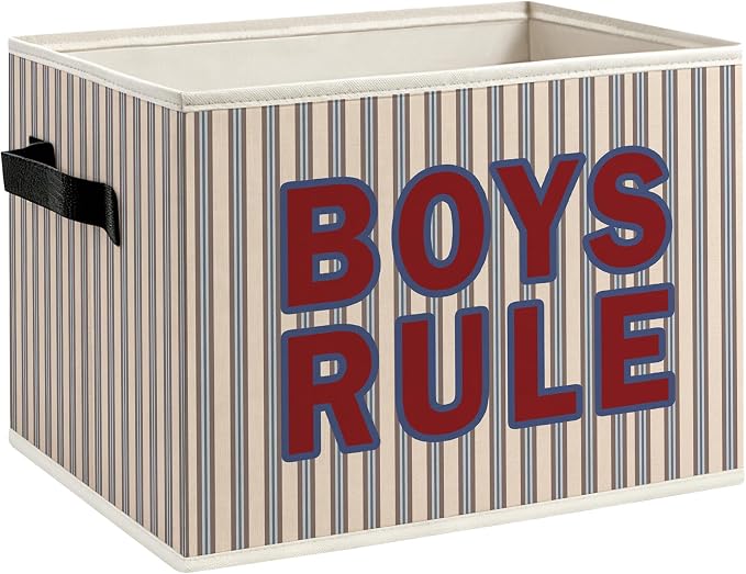 Boys Nursery Foldable Storage Bins Box with Handles, Boys Rule Trendy Retro Striped Decorative Storage Boxes Baskets Toybox Organizer for Kids Boy Nursery Toddler Room Bedroom Playroom