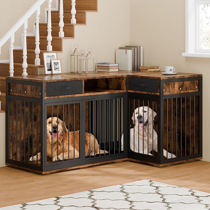 Corner Dog Crate Furniture,67" Metal Frame L Shaped Furniture-Style Double Dog Kennel for 2 Dogs with Divider and 2 Fabric Drawers Side Table Indoor,Rustic Brown
