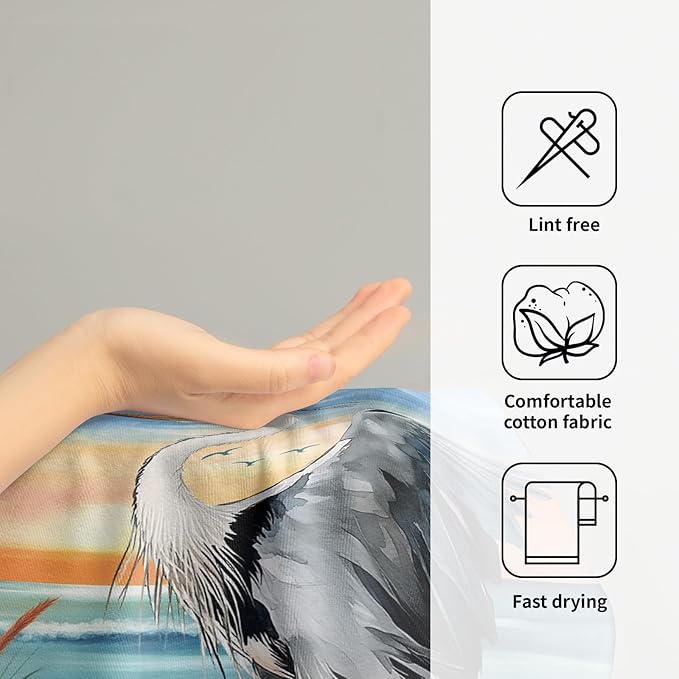 Giwawa Heron Towel Set of 2 Watercolor Summer Coastal Sea Bird Decorative Hand Face Towels for Bathroom Guest Nautical Beach Themed Microfiber Kitchen Dish Towel for Hotel Gym Spa Season