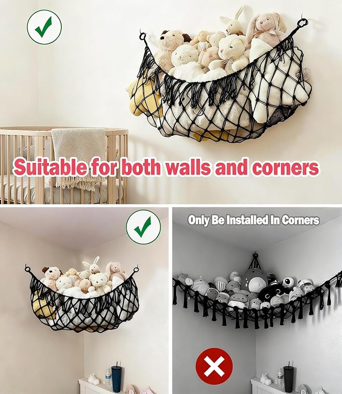 Stuffed Animal Net Hammock, Save Space Eliminate Clutter (Black) | Premium Cotton Hand-knitted plush hammock, Boho Stuffed Animal Storage for Nursery, Bedroom Decor, playrooms