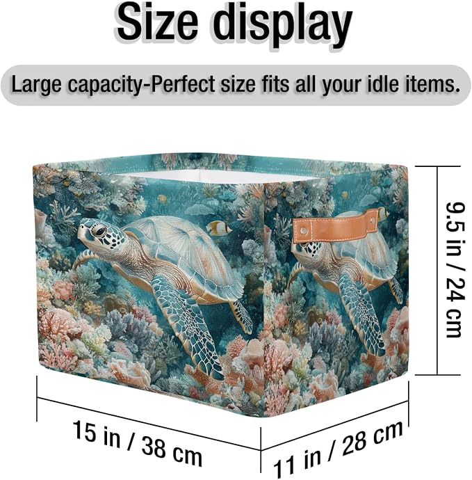 Sea Turtle Storage Baskets with Handle Nautical Storage Boxes Collapsible Nursery Basket Organizer Waterproof Storage Bins for Closet Shelves Book Cloth 15 X 11 X 9.5 IN