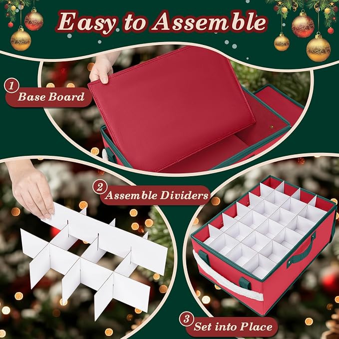 Christmas Ornament Storage Box with Adjustable Dividers Zippered Top Stores up to 72 Holiday Ornaments (3 Inch) Xmas Ball Decorations Organizer Storage Container Bin