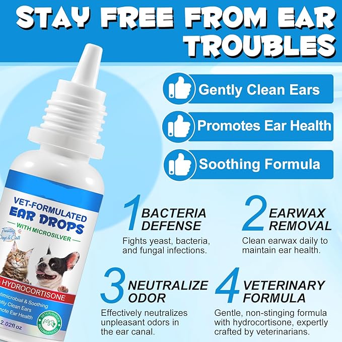 2 Pack Dog & Cat Ear Infection Treatment Drops, with 1% Hydrocortisone, Ear Yeast Infection Treatment for Dogs and Cats, Dog Ear Drops for Yeast Infection