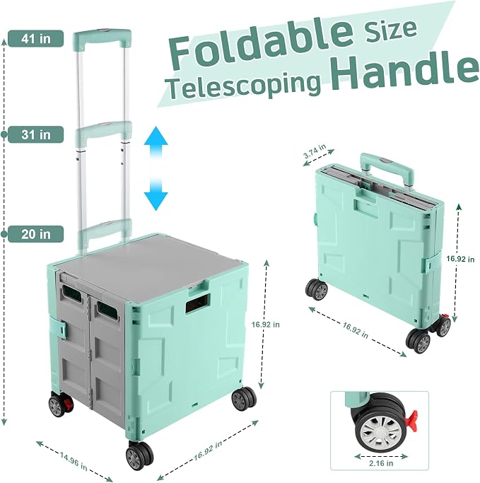 FELICON Folding Utility Cart Rolling Crate Handcart Basket Tote-Green+Gray | Collapsible Hidden Lid,Plastic Box,Telescoping Handle,4 Rotate Wheels for Travel Shop Move Grocery Laundry Office Teacher Use