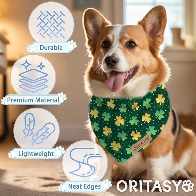 St. Patrick's Day Dog Bandanas, 2-Pack Triangle Reversible Love Pet Scarves, Premium Fabric, Irish Bandana for All Dogs (Small, Style 1)