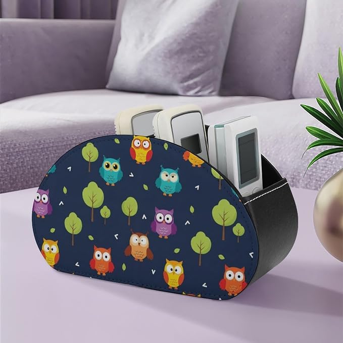 TV Remote Control Holder Cute Owl Desktop Storage Caddy Box | Pu Leather Makeup Brush Organizer with 5 Compartments, Cute Owl, Fit for Media Player, Office Supplies