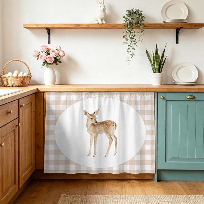Resting Fawn Oven Skirt Curtain for Kitchen Decor 28"x35", Natural Animals Farmhouse Modern Plaid Self Adhesive Stove Curtains Skirt Cabinet Curtains for Bathroom Laundry Room