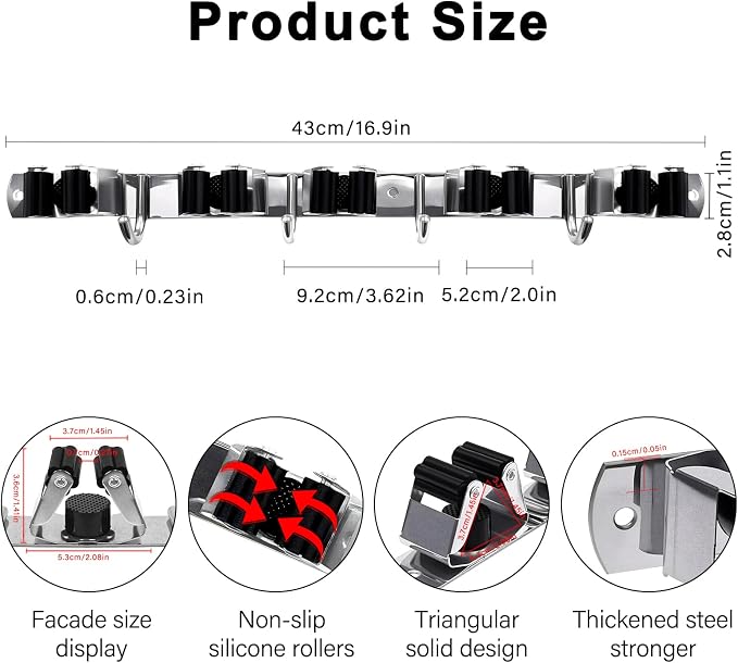 2 Packs 5 Racks and 4 Hooks Mop and Broom Holder Wall Mount | SUS304 Heavy Duty Self Adhesive Solid Non-slip Broom Organizer Storage Tool Racks, for Home Kitchen Garden Laundry Garage