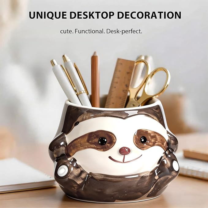 Ceramic Sloth Shaped Pen Pencil Holder for Desk Decoration Accessories Sloth Decor Makeup Brush Pen Cups Succulent Plant Pot Office School Ideal Gifts for Women, Mom or Birthdays