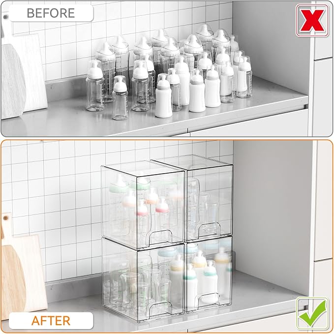 Yieach 7.5" High Stackable Storage Bins,4 Pack Bottle Station and Baby Bottle Storage Organizer for Countertop,Clear Acrylic Drawers for Pacifier,Breast Pump Parts,Storage Containers,Makeup and Lotion