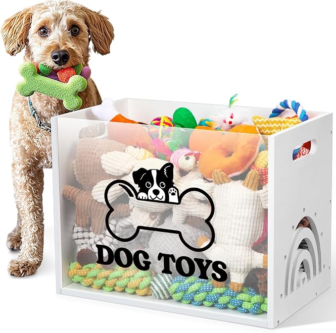 Dog Toy Box Large Wooden Dog Toy Chest with Handle Wooden Storage Bin with Acrylic Board Storage Box for Puppy Toys Pet Food and Accessories Organizer Holder Basket for Living Room Area(White, Dog)