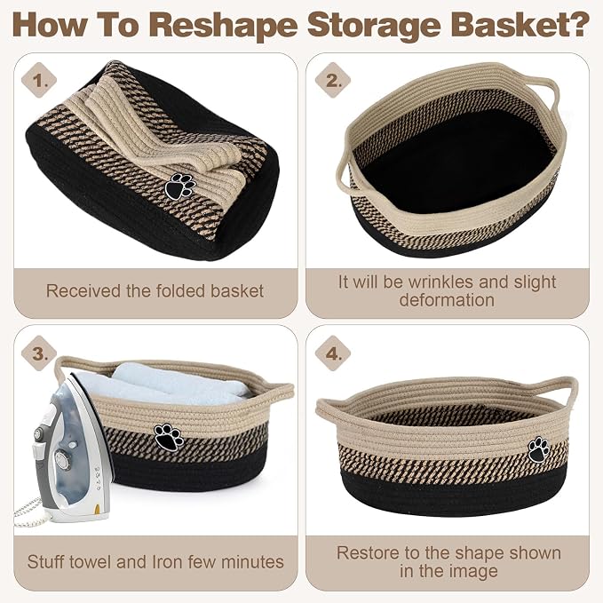 Optish 25L Dog Toy Basket,16.5" x 11" x 9" Medium Toy Storage Box and Bin with Handles, Woven Rope Foldable Basket for Blankets, Living Room, Bedroom, Home Decor, Black & Brown