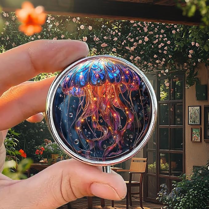 Portable Round 3 Compartment Metal Pill Box Beautiful Fantasy Jellyfish Design Ideal for Organizing Medication Travel or Home Use