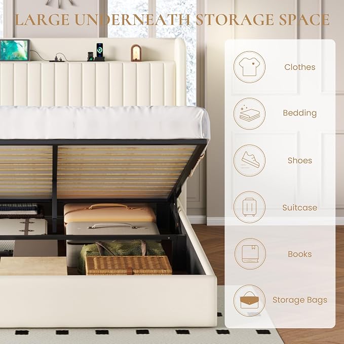 SHA CERLIN Queen Size Lift Up Storage Bed Frame, Charging Station, Cream | Storage Headboard with Charging Station, USB, Type-C Port Velvet Hydraulic Storage Bed No Box Spring Needed Noise Free