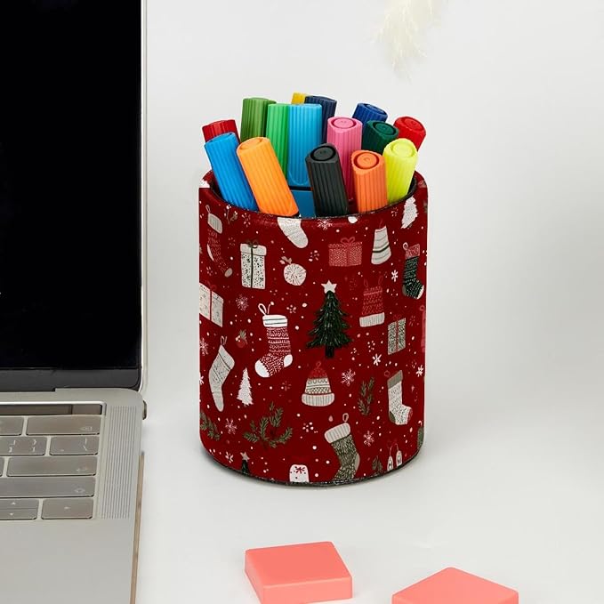 Faux Leather Pen Holder for Desk, Pencil Organizer Christmas Elements Pen Cup Desk Decor Makeup Brush Holder Storage for Office Home