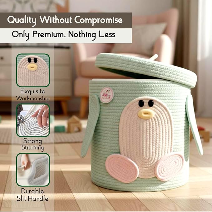 Storage Basket with Lid, Collapsible Woven Cotton Rope Basket, Penguin Design, Foldable Bin with Cutout Handles, Washable Organizer for Laundry, Blankets, Clothes, Books, & Home Organization (Penguin)