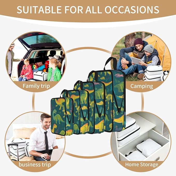 4 Set Compression Packing Cubes for Travel | Dinosaurs Skeletons Cube Storage Organizer For Carry On Expandable Space Saver Packing Bags Travel Essentials