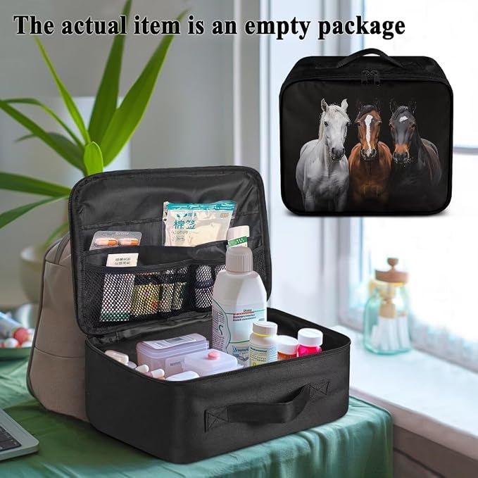 Rnyleeg Horse First Aid Bag Empty Black First Aid Kit for College Dorm Travel Medicine Pouch Emergency Medical Kits