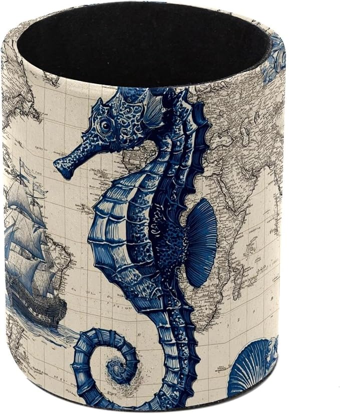 Faux Leather Pen Holder for Desk, Pencil Organizer Retro Seahorse Pen Cup Desk Decor Makeup Brush Holder Storage for Office Home