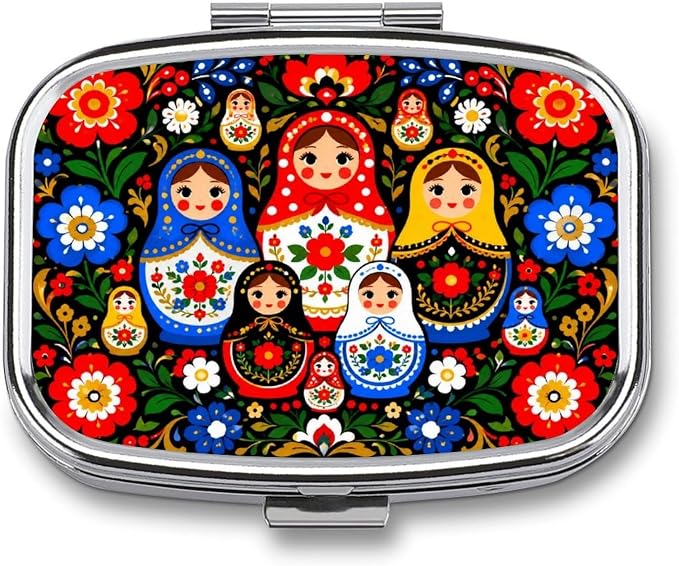Matryoshka in Floral Harmony Two Compartment Pill Box Medicine Organizer, Portable Pill Case with Secure Snap Closure for Vitamins Medication Supplements Daily Use