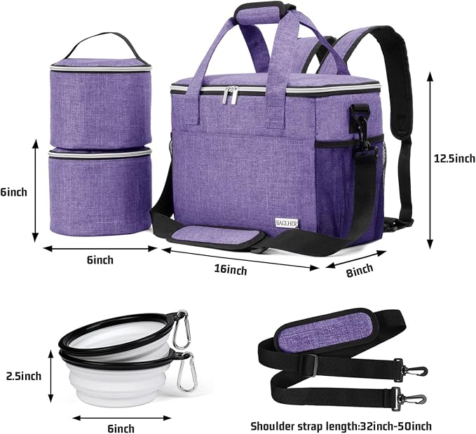 BAGLHER Dog Travel Bag Backpack Pet Supplies Backpack 5-Piece Set with Shoulder Strap 2 Lined Pet Food Containers 2 Foldable Feeding Bowls Essential Kit for Pet Travel