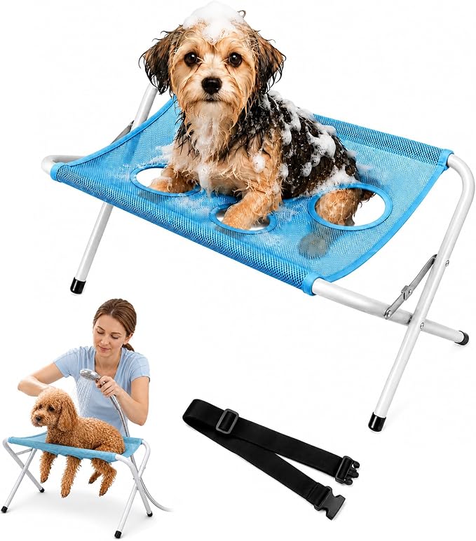Foldable Pet Bathing Stand, Dog Grooming Hammock for Small Dogs (Blue) | Portable Dog Shower Grooming Rack, 8-Hole Quick-Dry Mesh, 44 lb Capacity, Home Washing, Trimming & Nail Care