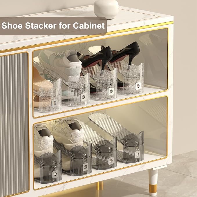 CiBiZi Adjustable Shoe Slots Organizers Clear Shoe Space Saver Shoe Stacker Shoe Rack Holder Oraganizers for Closet Cabinet Storage Grey 12Pack