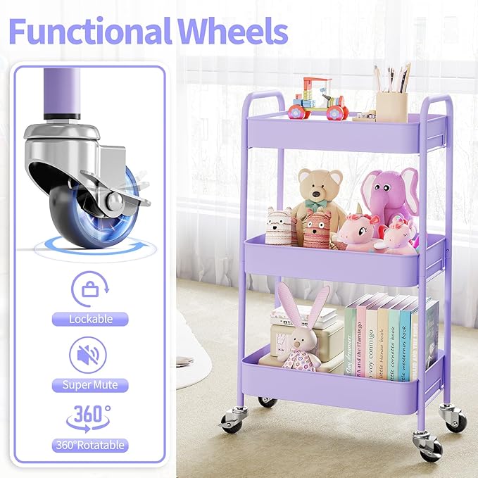 TOOLF 3 Tier Metal Rolling Cart, Utility Storage Cart with Wheels, Purple | Screwless Assembly, Lockable Metal Wheels, Trolley Organizer for Bathroom, Kitchen, Office, Dorm, Laundry, Craft Room