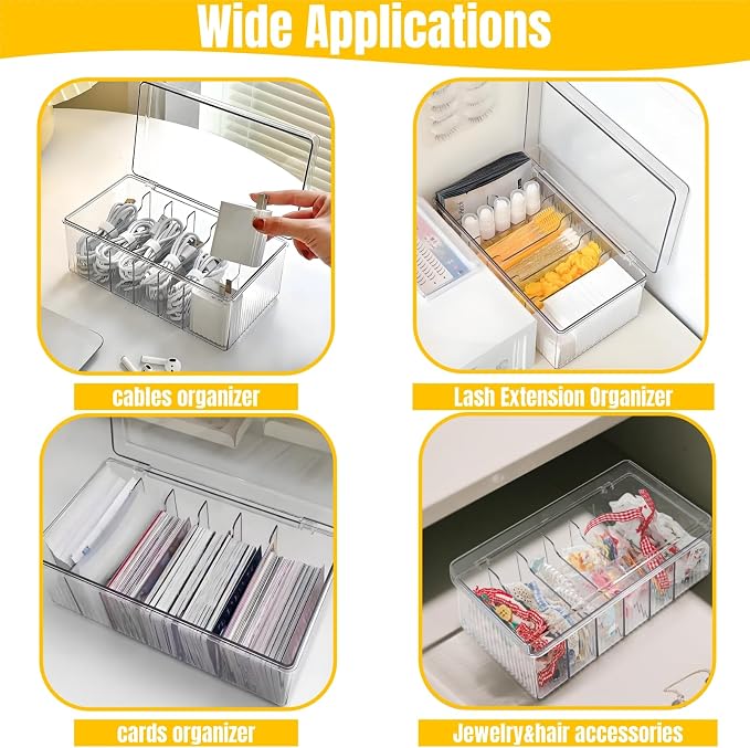2 Pack Lash Extension Organizer with 6 Compartments, Flip-top | Clear Small Eyelash Cart Storage Boxes, Separated Large Capacity Eyelash Extension Supplies Storage Container for Lash Techs