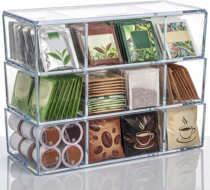Hoteam 3 Pack Flip Top Tea and Coffee Organizer with Lids, Clear Stackable Plastic Tea Bag Storage Organizer for Cabinet Counter Countertop Pantry, Sweeteners (3 Grids)