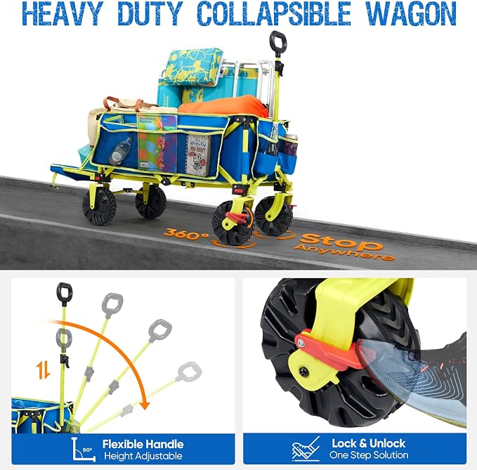 Old Bahama Bay 300lbs Extra Long 49" L Beach Wagon with Big Wheels with Brake for Sand, Collapsible Utility Beach Cart Heavy Duty Folding Wagon,Ideal for Outdoor Sand Camping Garden Pet