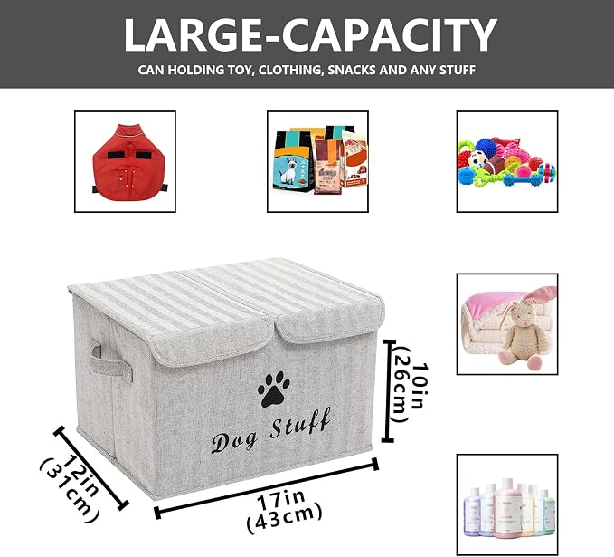 Morezi Dog toy box with lid storage organizer perfect basket for dog toys living room, playroom, closet, home organization and storage - Gray Stripe