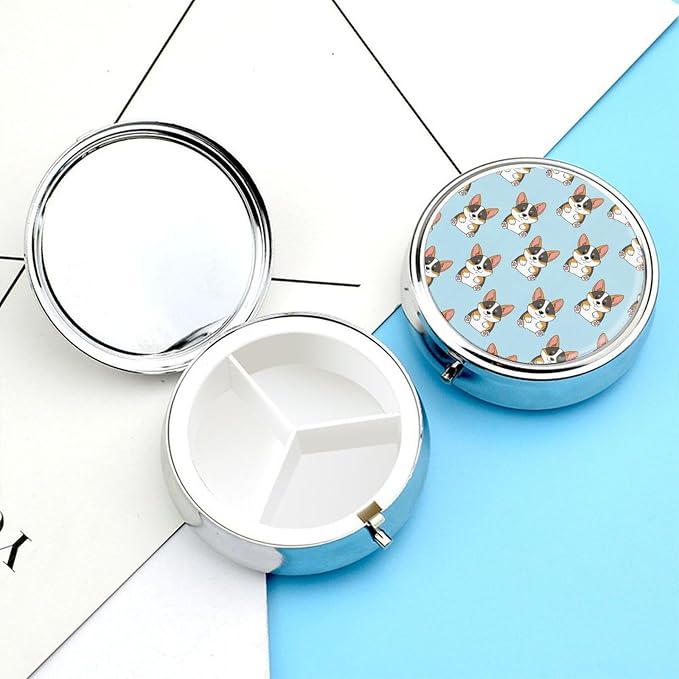 Round 3 Compartment Travel Pill Box Cute Corgi Tricolor Dog Art, Portable Pill Holder for Purse Outdoor Picnic Vitamin Storage
