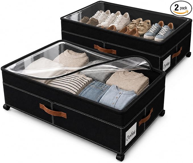 Under Bed Storage Organizer with Wheels, Rolling Under Bed Storage Containers with Clear Lid, Dual Zippers, Handles, Storage for Clothes, Shoes, Blankets, Toys,2-pcs Under Bed Drawers-Black