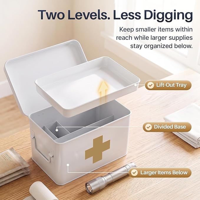 Flexzion Large Metal First Aid Box Empty, 8.5-Inch, White with Gold Cross | Vintage Medicine Box and First Aid Storage Organizer with Removable Tray and Dividers; Empty Box Only, Supplies Not Included