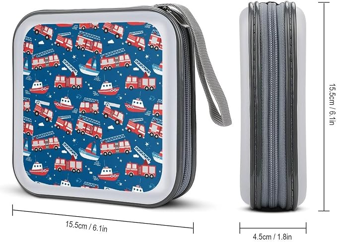 40-Disc Capacity CD/DVD Case Firetrucks Fire Trucks, Hard Plastic Protective Storage Binder with Zipper, Portable Organizer for Car Home Office