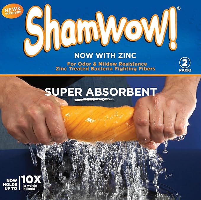 ShamWow 2-Pack (20"x27") -Shammy Super Absorbent Multi-Purpose Home Cleaning, Chamois Towel for Cars, Lint-Free, Streak-Free & Scratch-Free, Holds 10x Its Weight, Machine Washable, Orange