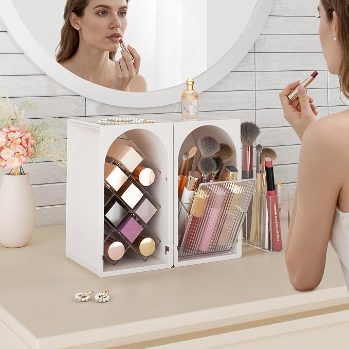 FOLLOWIN Compact Makeup Organizer Set, Bathroom Counter Organizer | Makeup Brush Organizer, Lipstick Holder with Grid, Flip Drawer, Store Lipsticks, Brushes, Milk White