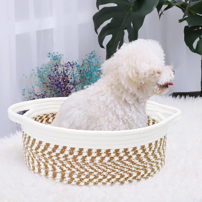 ABenkle Small Basket with Handles, Boho Decorative Rope Woven Dog Cat Toy Storage Bin Shelf Storage Organizer, Easter Christmas Gift Basket, 12"x8"x5"