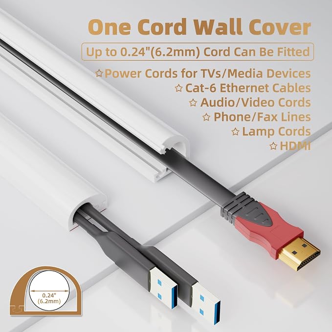 118" Side Open One Cord Hider (<1/4") for Wall Mounted Tv,Silicone Flexible | Cable Cover to Hide Conceal Cords Along Wall,Wire Raceway Management Cable Concealer Channel,Electric Cord Organizer,White
