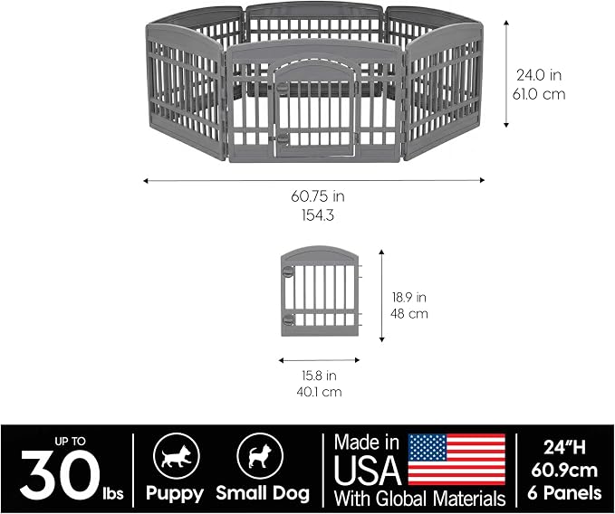 IRIS USA 6-Panel Dog Playpen with Door, Pet Enclosure, Gray | Heavy Duty Plastic, Multiple Pets, Indoor Outdoor, Portable, Foldable Design, Easy Assembly