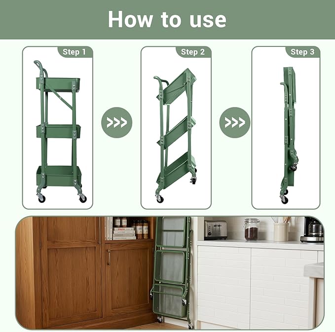 Amatic 3-Tier Folding Rolling Utility Cart with Wheels, Metal Foldable Storage Cart Organizer with 3 Hanging Cups & 6 Hooks for Kitchen, Office, Living Room, Nursery(Green)