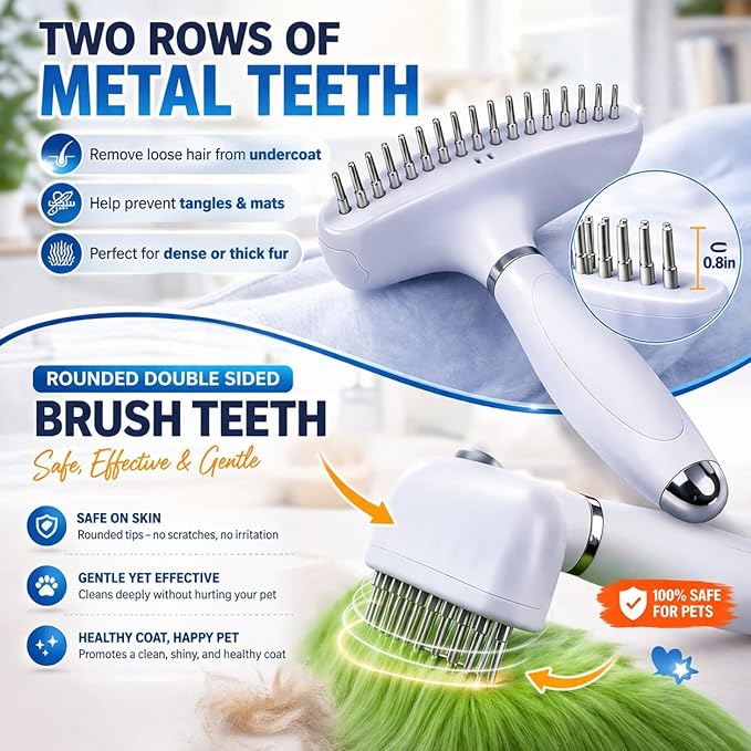 Self Cleaning Dog Brush for Shedding – Undercoat Rake for Dogs & Cats, Deshedding & Dematting Tool with Dual Stainless Steel Teeth, Removes Loose Fur for Thick & Double Coats