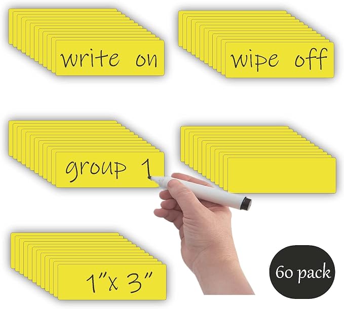 STTMGN Dry Erase Magnetic Labels (1x3,Pack of 60),Write On Magnets Sticker,Real Waterproof/Reusable for Classroom&Office&Cabinet&whiteboard&Fridge&More (Yellow)
