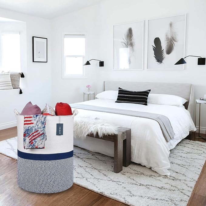 COMSE Tall Woven Blanket & Laundry Basket, 72L, Blend White & Navy Blue | 15.7”x 21.7”, Cotton Rope, Large Nursery Hamper for Storage of Toys Clothes Towels, Great for Living Rooms Bedrooms Bathrooms