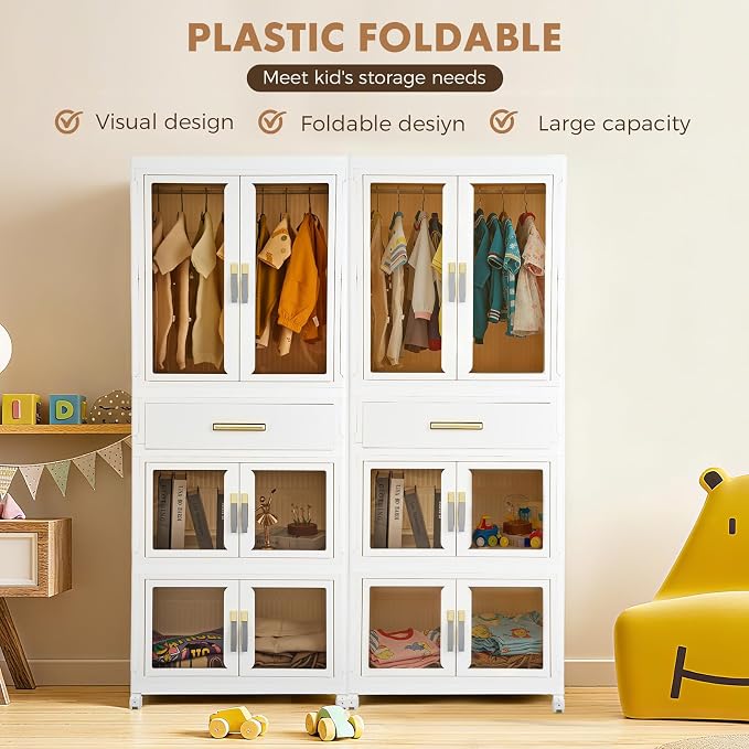 Portable Storage Closet Cabinet, Easy Assembly Wardrobe Organizer with Visualization Doors, Drawers, Hanging Rods, Rolling Wheels for Pet Dog Clothes, Toys